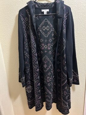 CJ Banks Black Knit Hooded Cardigan with Purple and Tan Accents